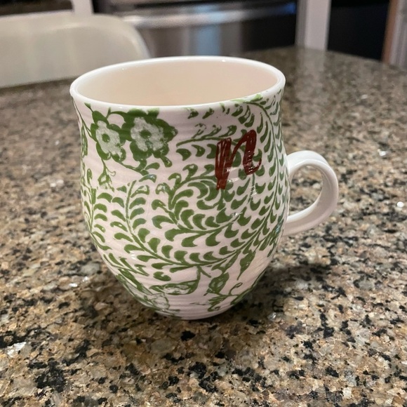 Anthropologie Green White Floral Mug Brown Monogram Initial Mug Lower Case “n” - Picture 3 of 10